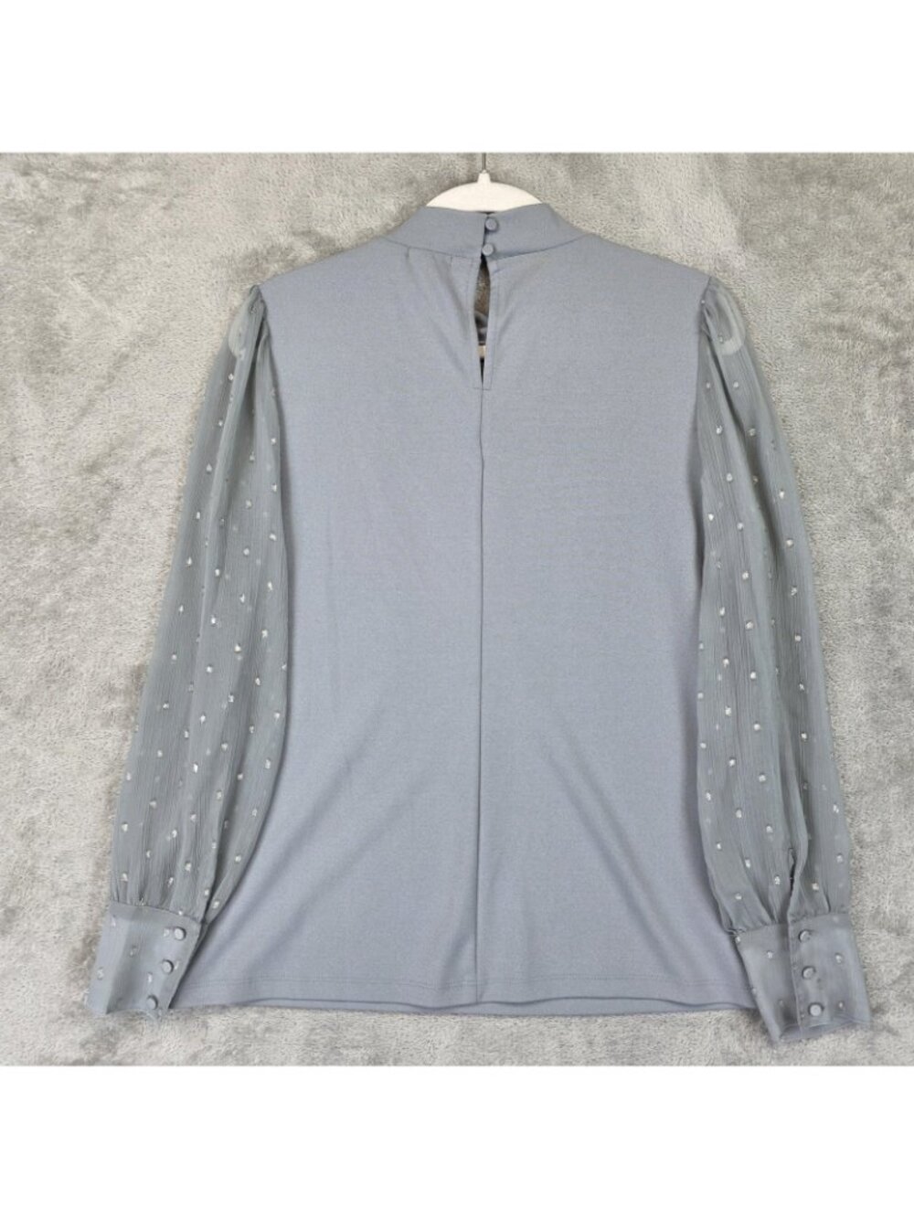 Ann Taylor Blouse Womens M Gray Mock Neck Long Balloon Sleeve Sheer Dot Top - Picture 2 of 11